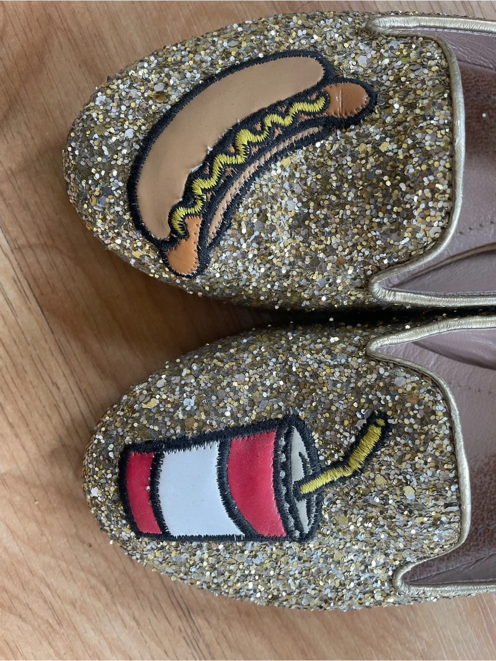 Chiara Ferragni Gold Glitter Loafers with Hot Dog & Rocket Patches